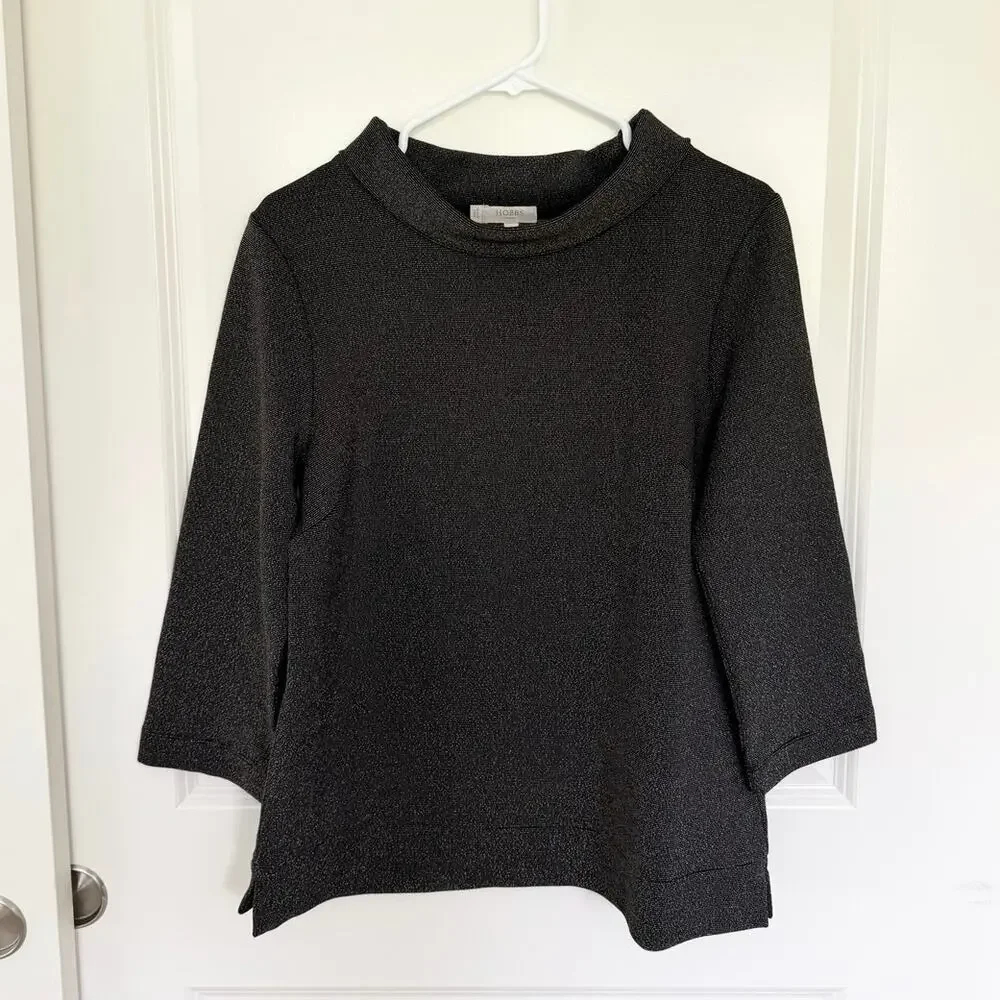 HOBBS London Betsy Sparkle Top Black Gold High Mock Neck Career Blouse Medium